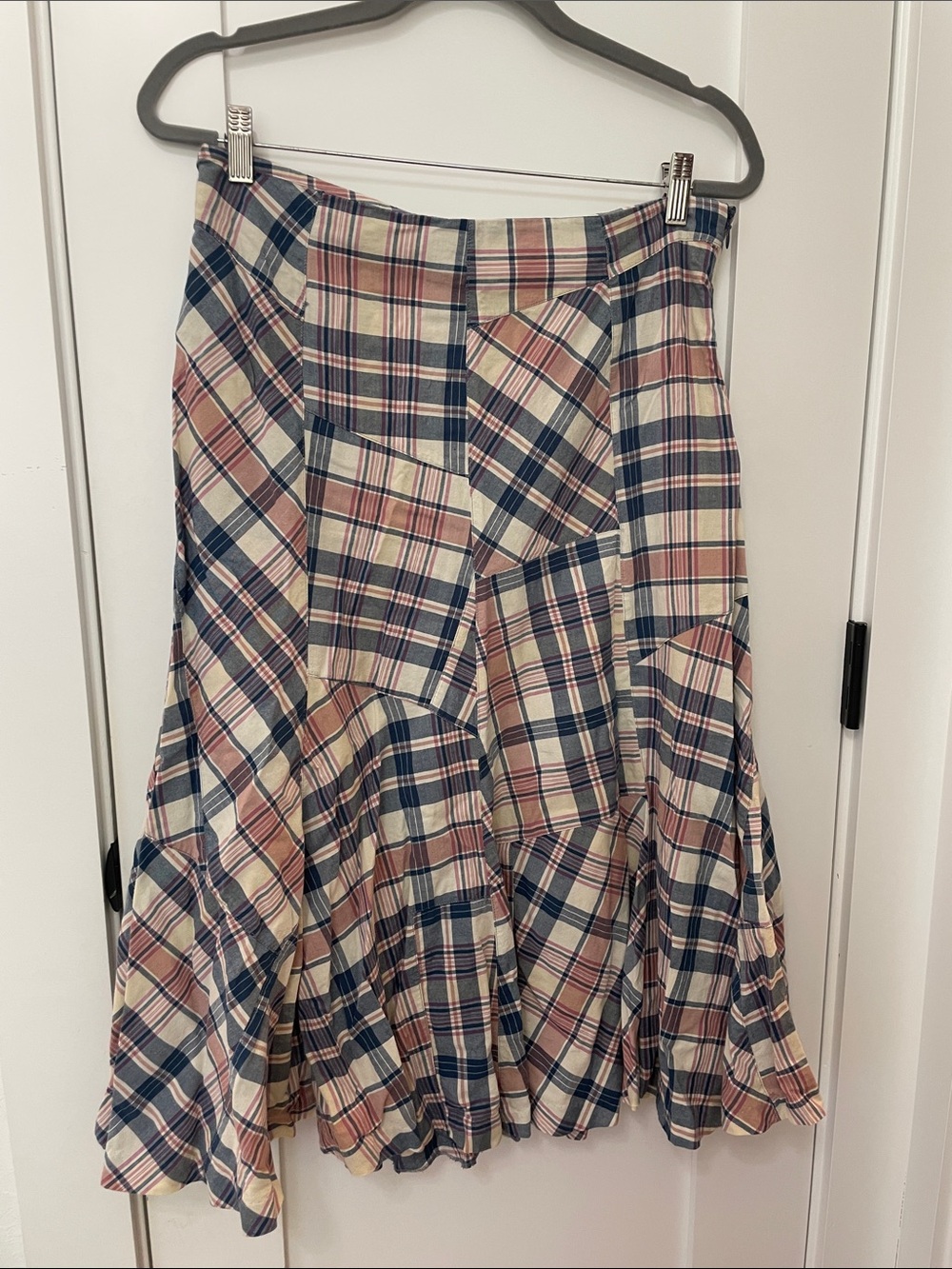 Plaid Patchwork Midi Skirt in Navy and Pink